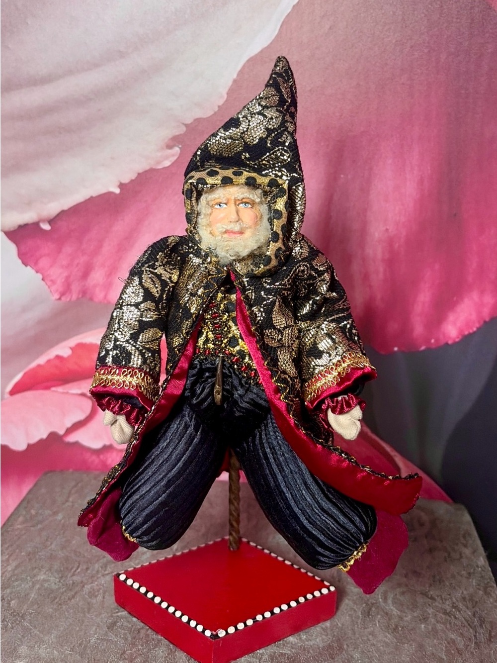 Rare Wayne Kleski Fantasy Santa Art Doll Black Gold Brocade 9.5” VTG